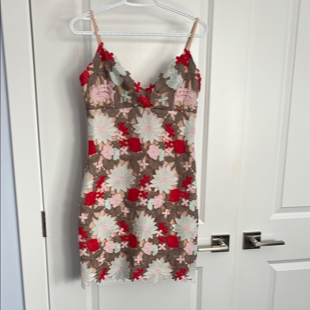 Floral Embroidered Dress - Red, Pink, Brown
